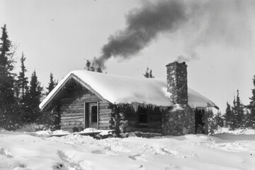 Cozy log cabin in a snowy landscape with smoke rising from the chimney, surrounded by evergreen trees in a serene winter wilderness setting.