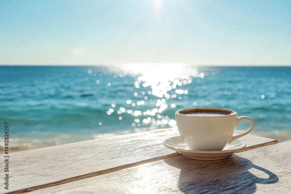 Wall mural enjoying coffee by the beach with a stunning ocean view on a sunny day, coffee cup on a table by the