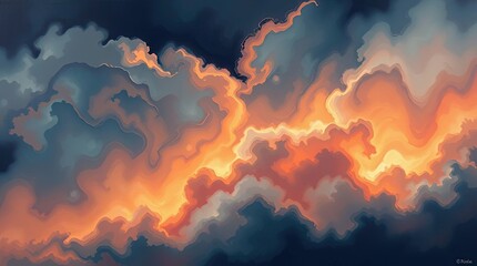 Abstract painting of fiery clouds against a dark blue sky background