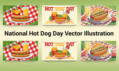 National Hot Dog Day Vector illustration. Gourmet BBQ Hotdog, set of hot dog day with fries, hot dog, ketchup, mustard, lemonade, tomato slice, cucumber slice, lettuce, sausage, tomato, cucumber. 