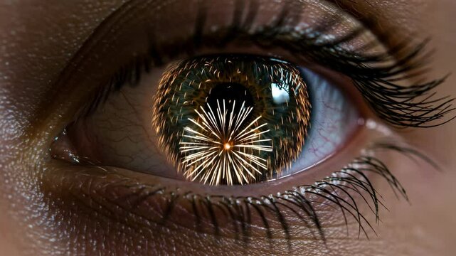 Close-up of eye reflecting colorful bursts of fireworks
