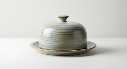 Handcrafted Ceramic Cheese Dome with Streaked Glaze and Matching Plate