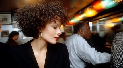 Obraz premium A woman with a large afro sits in a dimly lit bar, looking down. The background is blurred, showing other patrons and a bar