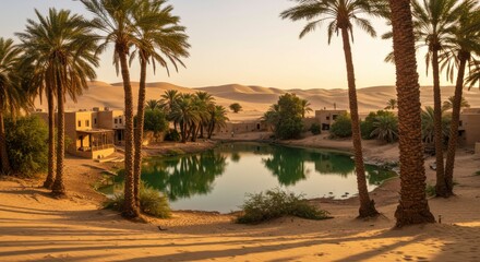 Oasis Desert Resort Palm Trees Calm Water and Traditional Architecture in the Dunes