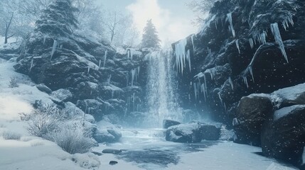 A frozen winter waterfall with icicles hanging from the rock formations, surrounded by snow