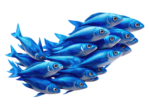 Blue Fish shoal: A group of vivid blue fish swimming in perfect synchronization. Displaying seamless unity and teamwork in an abstract environment.