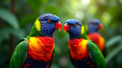 Pair of Rainbow Lorikeets in Natural Habitat. Vibrant Plumage with Colorful Details on Native Australian Birds.