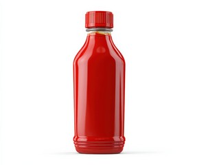 Red plastic bottle filled with red sauce, against a white background.