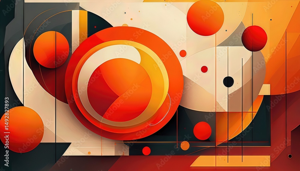 Poster striking geometric abstraction bold orange and red circles resonate energy in a modern artwork, evok