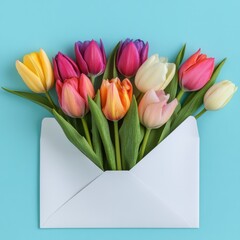 Colorful Tulips in White Envelope, Flat Lay Still Life on Blue Background, Spring Flowers Arrangement, Floral Gift