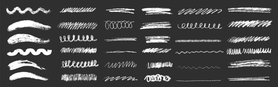 Hand drawn white chalk pencil crayon stroke smears textured lines. Highlight grunge doodles childish elements isolated on white background. Underline scrapbook decoration set.