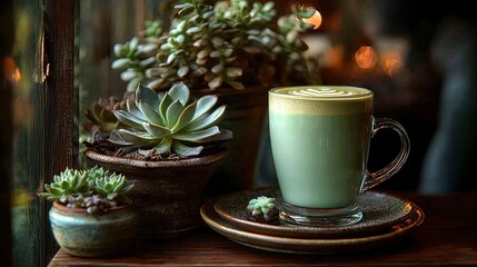 Fototapeta premium Matcha latte next to potted succulents by a dark window