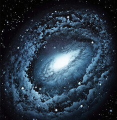Blue painting of a galaxy with white star core in a watercolour stylre. 