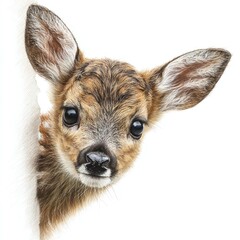 Close-up view of a curious fawn peeking from behind a white background, showcasing its big eyes and soft fur