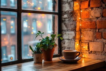 Cozy Morning Scene with a Cup of Coffee and Potted Plants by a Brick Window with Warm Twinkling Lights in a Rustic Urban Setting