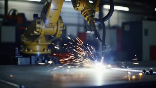 Automated welding process with robotic arm creating sparks in a factory