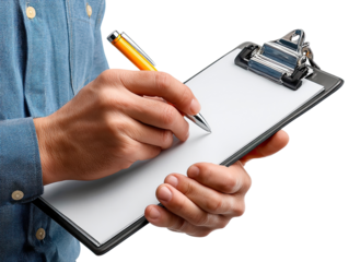 Details in the Hands: A person holding a clipboard, a close-up shot of a hand writing with pen. The photo has a studio aesthetic and the hand looks very neat