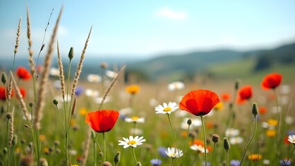 Scenic Meadow of Wildflowers with Poppies and Daisies in Mountain Landscape