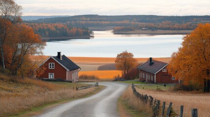 Autumnal countryside scene with lake and rustic homes