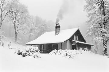 Cozy mountain cabin surrounded by serene snowy landscape, chimney smoke rising against misty winter woods, evokes warmth and comfort in cold weather scene