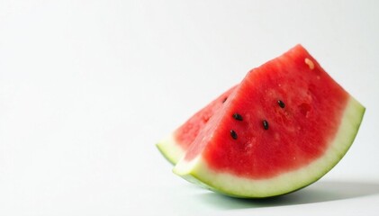 Crisp watermelon wedge, bright red flesh, minimal white backdrop, summer, cool, snack