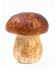 Brown cap boletus mushroom isolated on white backdrop. Natural plant.