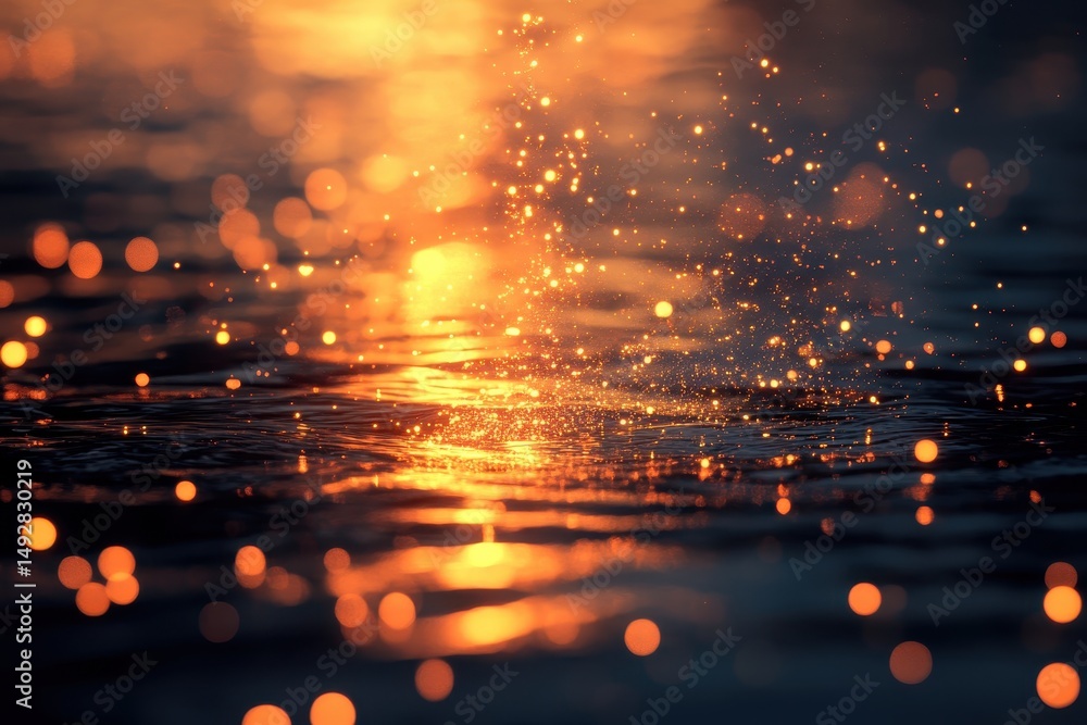Poster golden light reflects off of dark water, creating sparkling bokeh effects. use this to convey a sens