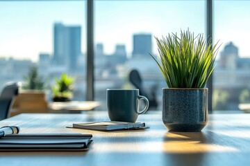 Cozy Office Space with Modern Decor Featuring a Potted Plant and a Coffee Mug Overlooking a City Skyline with Sunlight Streaming Through Large Windows