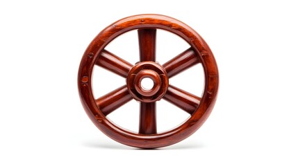 Obraz premium Richly-toned, dark-red wooden wheel with six spokes and a central hub, isolated on white