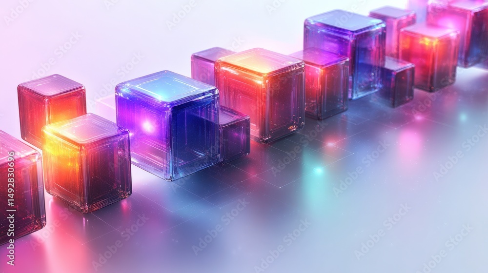 Poster illuminated colorful cubes in abstract arrangement with light reflections