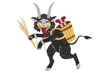Crampus scary christmas demon for naughty kids. Cartoon krampus character. Print for t-shirt, sticker. Stock vector illustration isolated on white background.