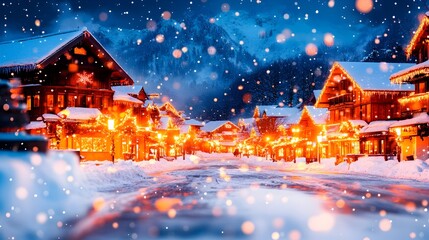 Fototapeta premium Snowy alpine village at night, illuminated with warm lights, snow falling, mountains in background