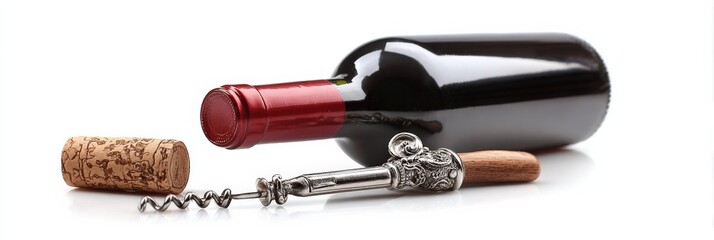 Red wine bottle and corkscrew on white background. Elegant and sophisticated image, perfect for wine tasting events.