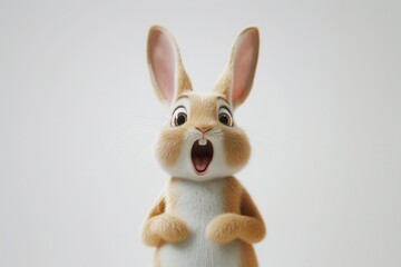 Obraz premium A Surprised Animated Bunny with Big Ears and Wide Eyes Standing Against a White Background, Captured in a Playful and Expressive Pose