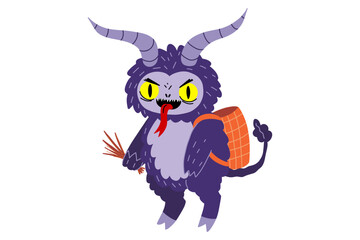 Cartoon krampus character. Crampus scary christmas demon for naughty kids. Print for t-shirt, sticker. Stock vector illustration isolated on white background.