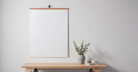 Modern minimalist poster mockup on white wall, secured with wooden clips ,  home,  background,  clean