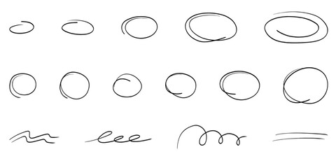 Highlight handdrawn oval sketch marker frames line set. Hand drawn scribble circle underscore set. Doodle ovals and ellipses line template. Vector illustration oval isolated on white background.