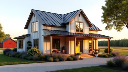 Charming Country Farmhouse with Landscaping,A farmhouse-style home featuring a metal roof,front porch, yard,garden,and gravel driveway