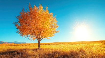 Fototapeta premium Autumnal golden tree in a field