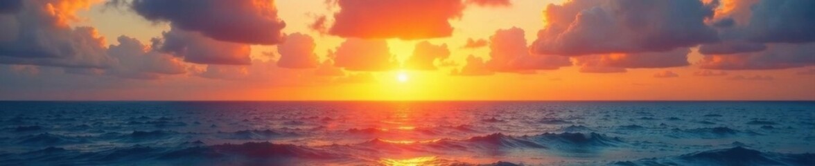 Naklejka premium Golden hour sunlight paints the sky vibrant hues above a tranquil ocean , ocean sunrise, dawn, view