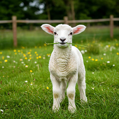 Fototapeta premium sheep on a meadow, Cute Baby Lamb Eating Grass in Spring Meadow