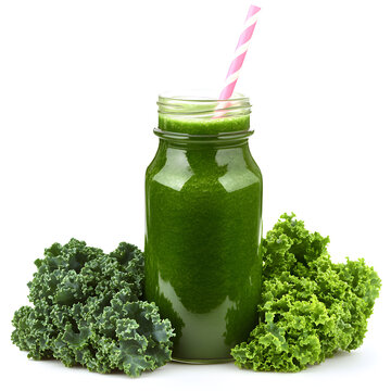 Fresh vegetable oil and juice in bottles and glass on white background with green ingredients