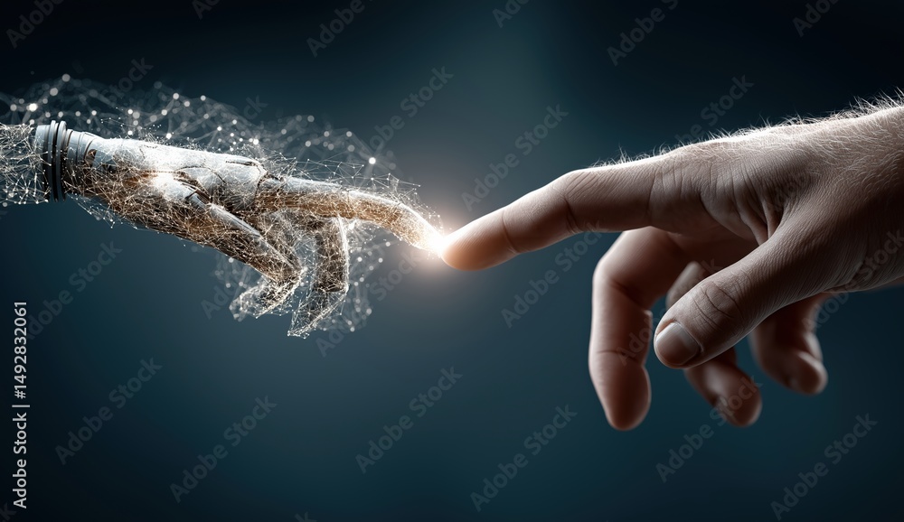 Poster human hand touching robotic hand connecting through futuristic network mesh