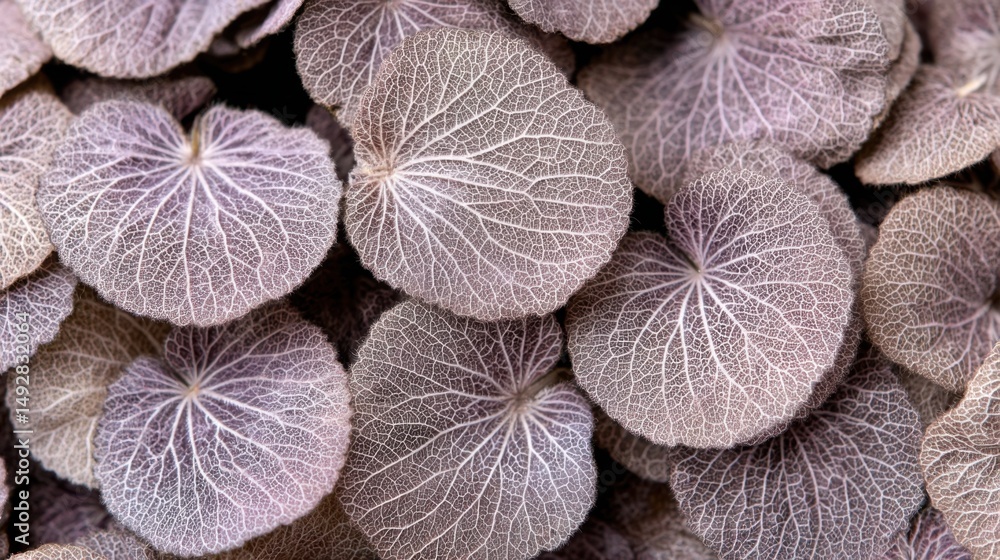 Poster close-up of roundleaf alumroot leaves displaying intricate vein patterns in a natural setting botani