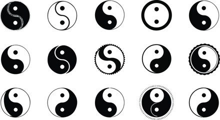 Create a kinds of Yin Yang icon set, Yin and Yang symbol isolated on vector illustration silhouette with white background.