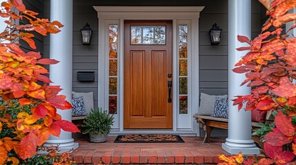 Autumnal front porch with warm-toned door
