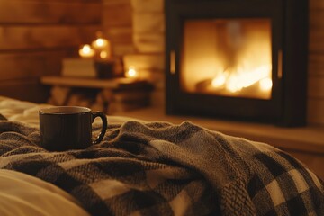Cozy Peaceful Evening Scene with Cup of Coffee on Bed Surrounded by Soft Blanket and Warm Fireplace Glow in Rustic Cabin Atmosphere