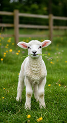 little lamb on the meadow, Cute Baby Lamb Eating Grass in Spring Meadow