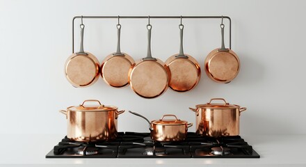 Arrangement of Copper Cookware Hanging Above a Modern Gas Stovetop on White Background