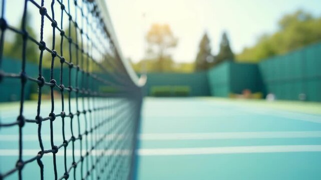 Tennis court with net in focus during sunny day outdoors  